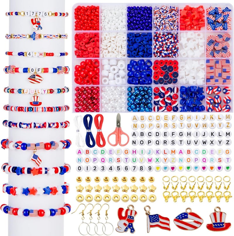 Goldwise 1578Pcs 4th of July Red White Blue Beads Bracelet Making Kit with Clay Seed Plastic Pony Pearl Beads, Patriotic USA Flag Star Beads, Metal Charms Earrings for Jewelry Making - Image 1